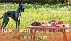 ratios of muscle meat, bone, liver, and other organs