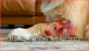redness, swelling, and hot spots