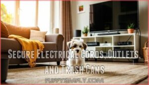 secure electrical cords, outlets, and trash cans