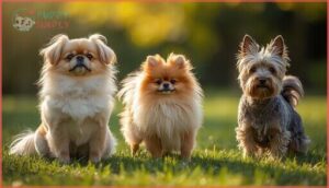 pekingese, pomeranians, and scottish terriers