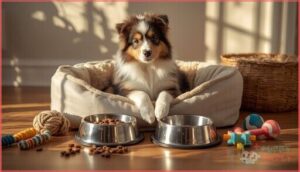 essential supplies (food, bowls, bed, toys) essential supplies (food, bowls, bed, toys)