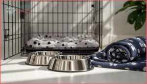 essential supplies (crate, bedding, bowls) essential supplies (crate, bedding, bowls)