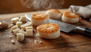 cutting scallops into safe bite-sized pieces cutting scallops into safe bite-sized pieces