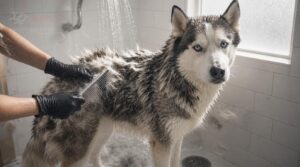 bathing a shedding husky bathing a shedding husky