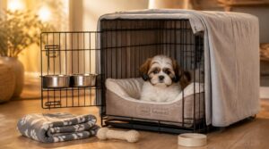 crate, bed, and bowls crate, bed, and bowls